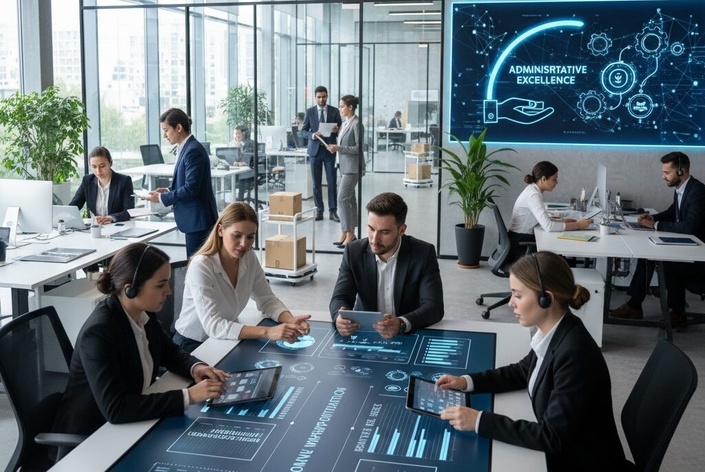 Professional office workers in business attire collaborate around a large touch-screen table displaying data analytics, while others work at desks in the background.